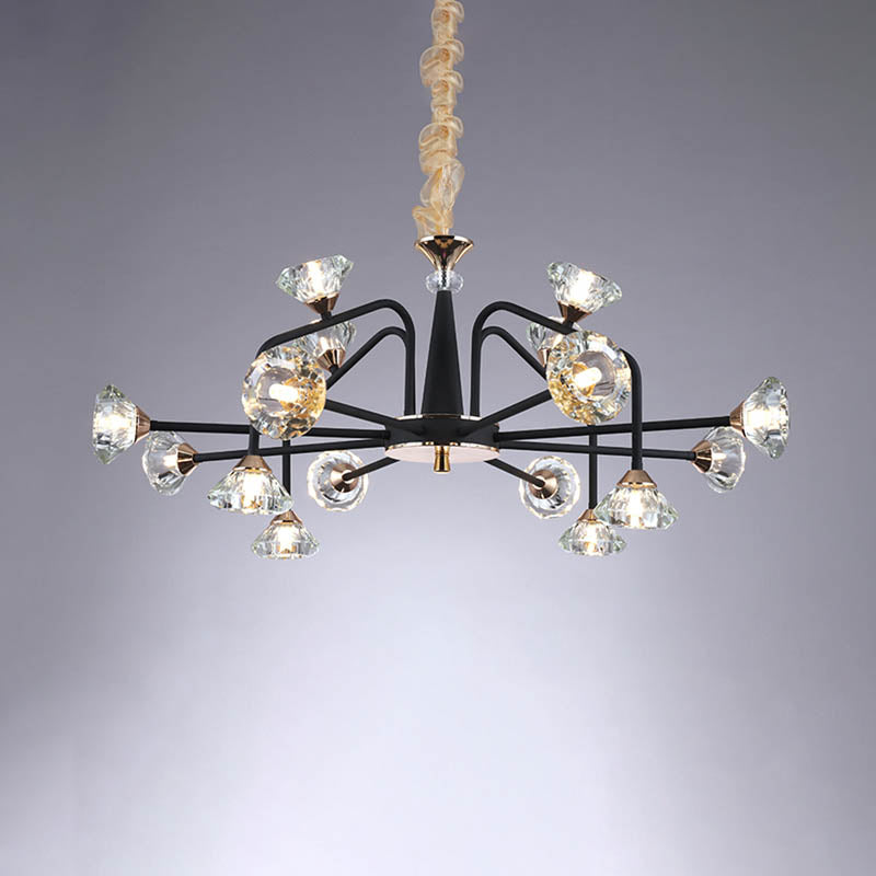 Modern Black Crystal Chandelier With 9/12 Lights - Pyramid Design Curved Arm Ceiling Hanging Light