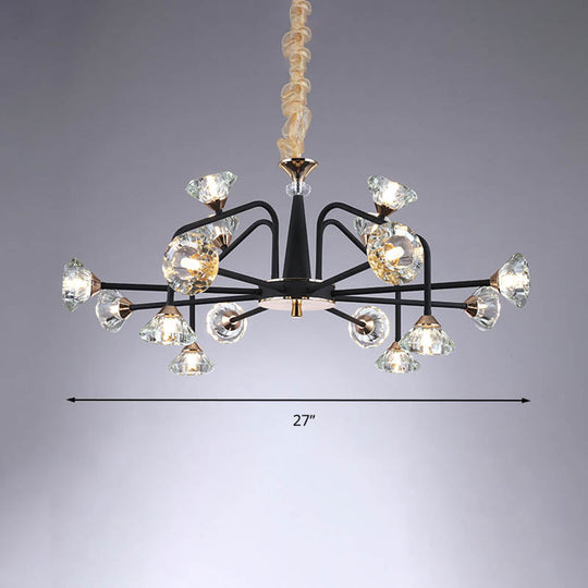 Modern Black Crystal Chandelier With 9/12 Lights - Pyramid Design Curved Arm Ceiling Hanging Light