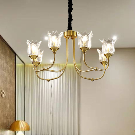 Postmodern Gold Flower Pendant Light With Clear Glass - 6 Heads Dining Room Chandelier Fixture