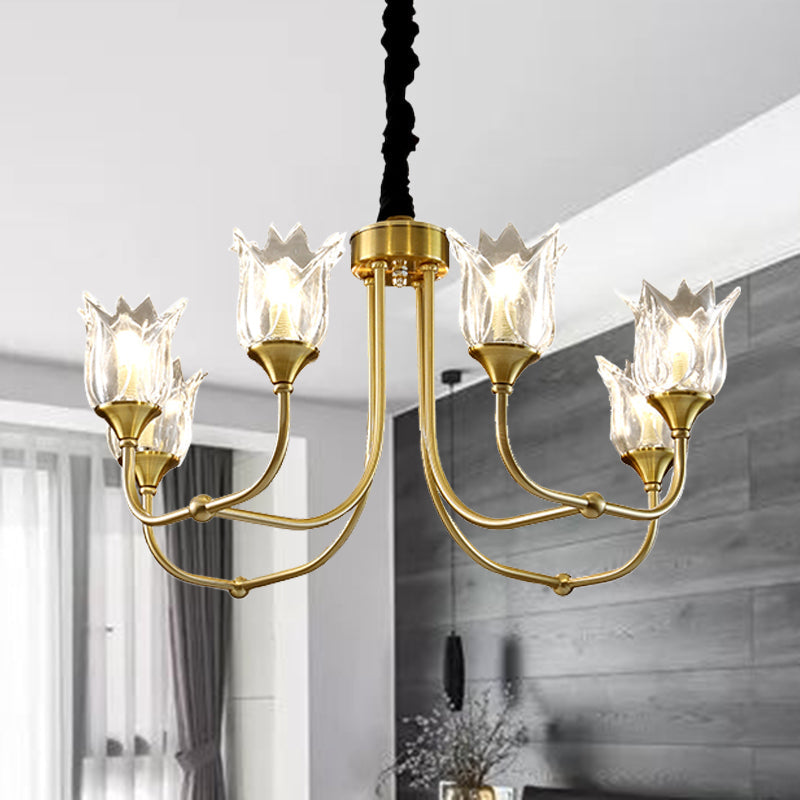 Postmodern Gold Flower Pendant Light With Clear Glass - 6 Heads Dining Room Chandelier Fixture