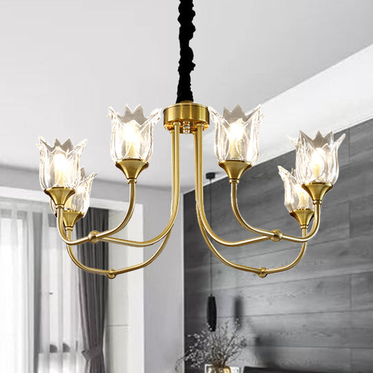 Postmodern Gold Flower Pendant Light With Clear Glass - 6 Heads Dining Room Chandelier Fixture