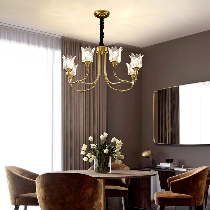 Postmodern Gold Flower Pendant Light With Clear Glass - 6 Heads Dining Room Chandelier Fixture