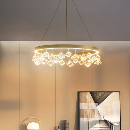 Postmodern Metal Gold Pendant Light With Led Warm/White & Crystal Drop