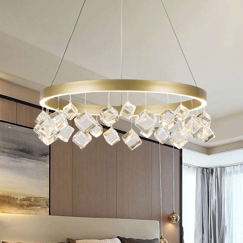 Postmodern Metal Gold Pendant Light With Led Warm/White & Crystal Drop