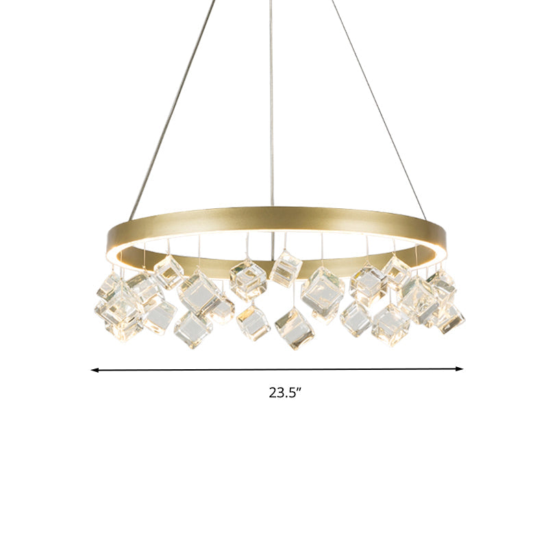 Postmodern Metal Gold Pendant Light With Led Warm/White & Crystal Drop