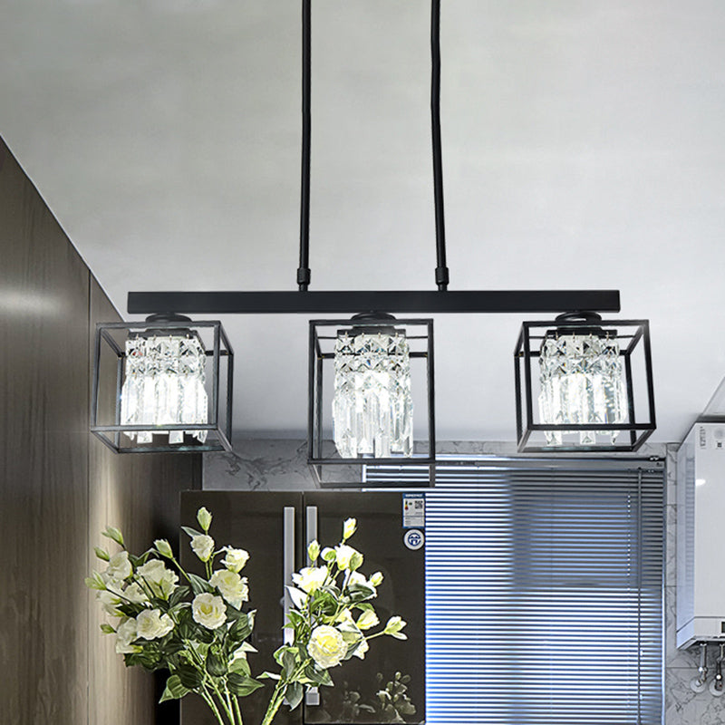 Contemporary Tri-Sided Crystal Rod Black Hanging Ceiling Light - Square 3/4 Heads Island Lamp