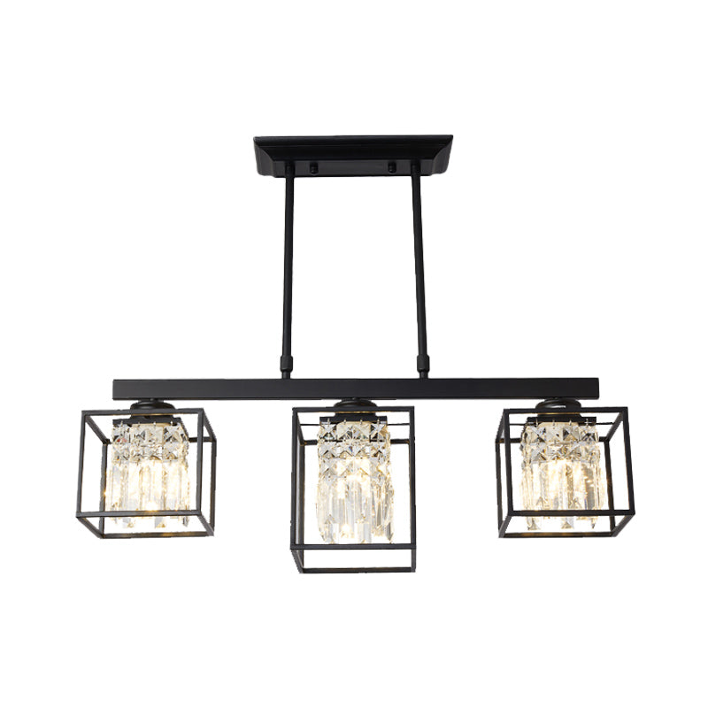 Contemporary Tri-Sided Crystal Rod Black Hanging Ceiling Light - Square 3/4 Heads Island Lamp