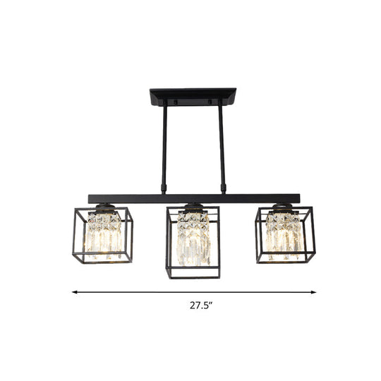 Contemporary Tri-Sided Crystal Rod Black Hanging Ceiling Light - Square 3/4 Heads Island Lamp