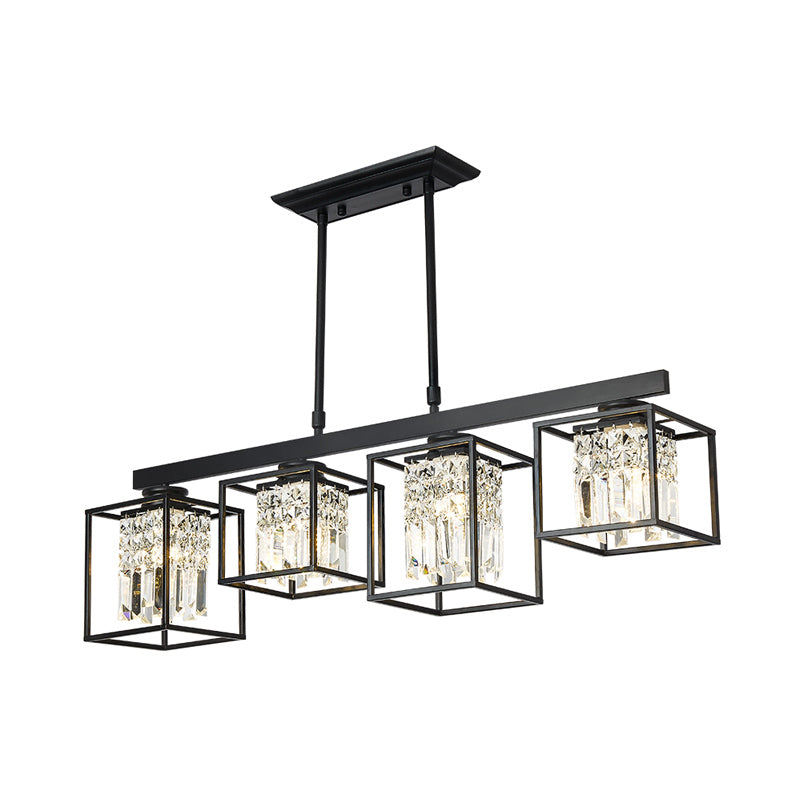 Contemporary Tri-Sided Crystal Rod Black Hanging Ceiling Light - Square 3/4 Heads Island Lamp