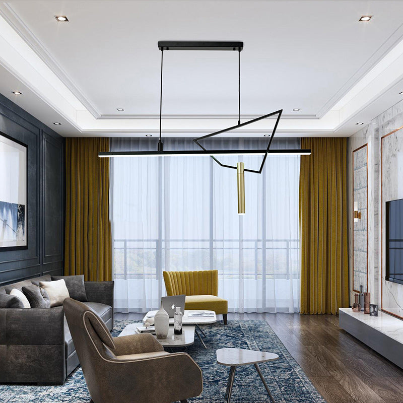 Black Linear LED Chandelier: Minimalist Metal Pendant Light for Reading Room