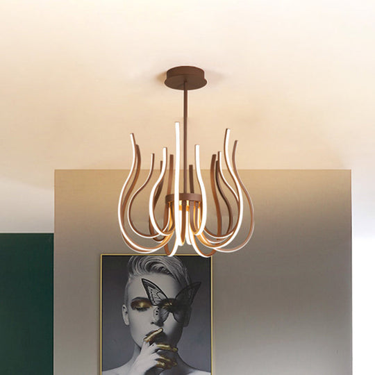 Contemporary Coffee LED Ceiling Chandelier - 19"/24" Wide Curved Suspension Light