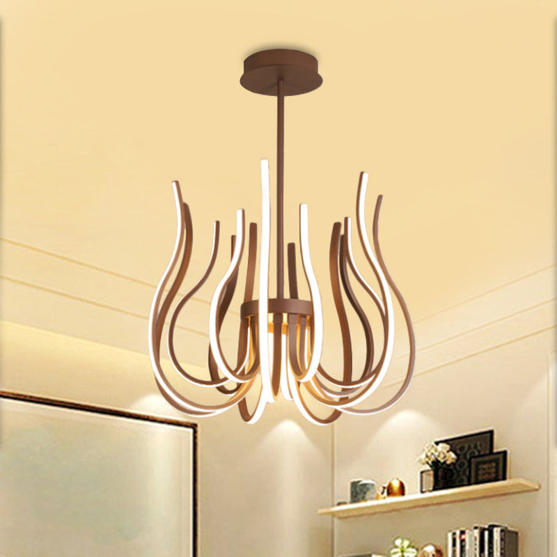 Contemporary Coffee LED Ceiling Chandelier - 19"/24" Wide Curved Suspension Light