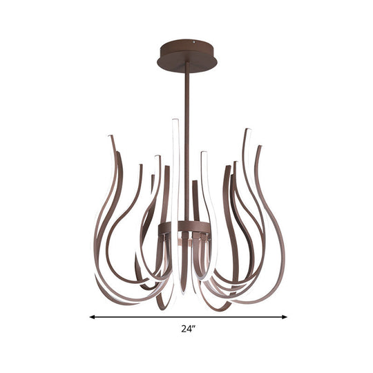 Contemporary Coffee LED Ceiling Chandelier - 19"/24" Wide Curved Suspension Light