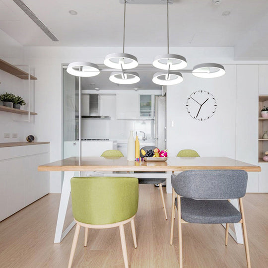 Minimalist Circular Metal Pendant Chandelier - White, 3/6 Hanging Lights for Dining Room