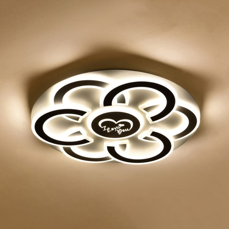 Contemporary Black And White Led Flush Mount Ceiling Light With Floral Design Diffuser