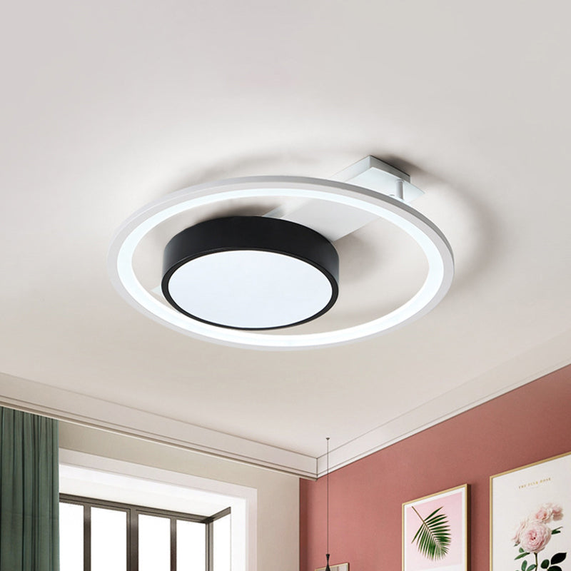 Modern Metal Drum Ceiling Light Fixture - Black and White, LED Flush Mount - 16"/19.5" Wide