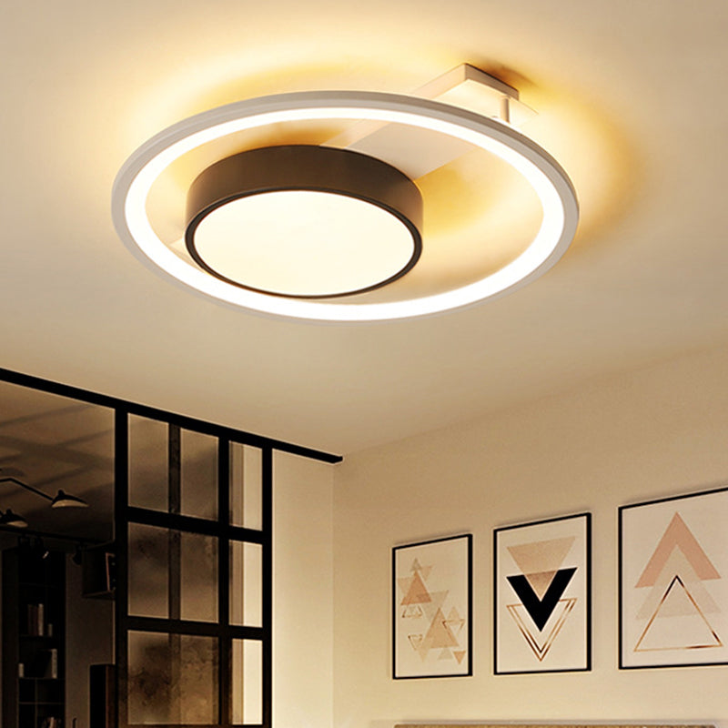 Modern Metal Drum Ceiling Light Fixture - Black and White, LED Flush Mount - 16"/19.5" Wide