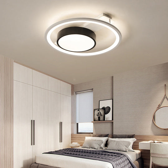 Modern Metal Drum Ceiling Light Fixture - Black and White, LED Flush Mount - 16"/19.5" Wide