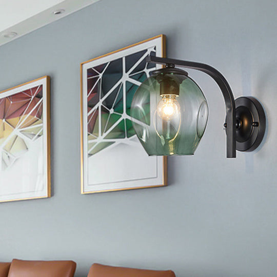 Modern Blown Glass Cup Sconce Wall Mounted Lighting - Blue/Green/Amber 1 Head Black/Gold Curved Arm