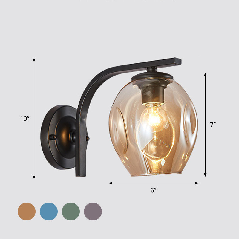 Modern Blown Glass Cup Sconce Wall Mounted Lighting - Blue/Green/Amber 1 Head Black/Gold Curved Arm