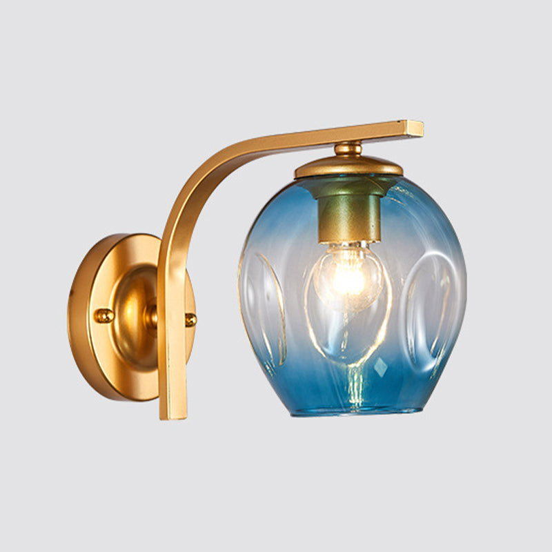 Modern Blown Glass Cup Sconce Wall Mounted Lighting - Blue/Green/Amber 1 Head Black/Gold Curved Arm