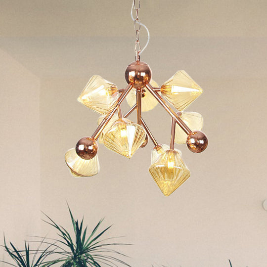 Vintage Clear/Amber Prism Glass Chandelier - 9-Light Ribbed Hanging Pendant for Dining Room