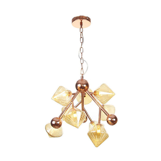 Vintage Ribbed Glass Chandelier: Clear/Amber Prism 9 Lights - Perfect Dining Room Pendant Light