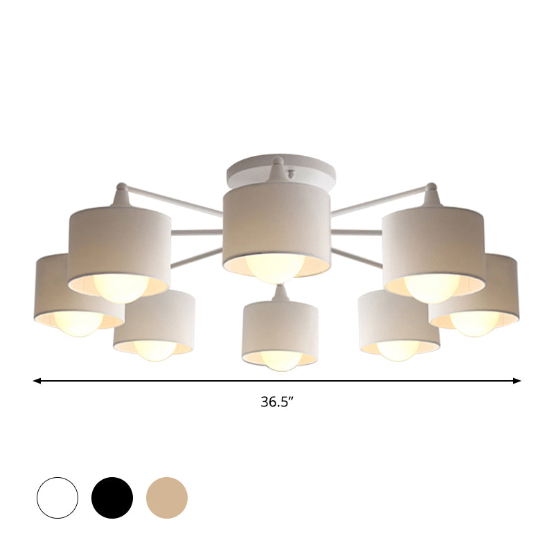 Sleek 8-Light Fabric Sputnik Pendant Chandelier for Living Room - Minimalist Design, Black/White/Flaxen