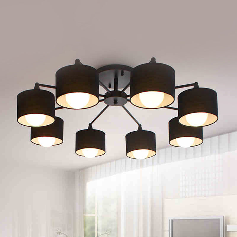 Sleek 8-Light Fabric Sputnik Pendant Chandelier for Living Room - Minimalist Design, Black/White/Flaxen