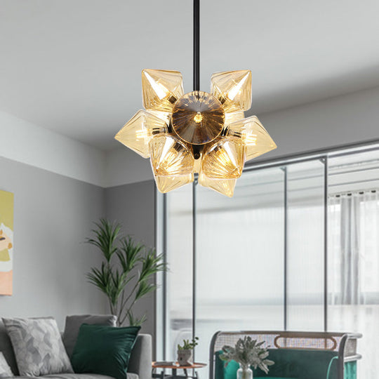 Vintage Ribbed Glass Ceiling Lamp with Prism Semi Flush Design - Black/Chrome Finish - 9/12 Lights for Living Room