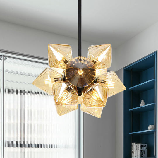 Vintage Ribbed Glass Ceiling Lamp with Prism Semi Flush Design - Black/Chrome Finish - 9/12 Lights for Living Room