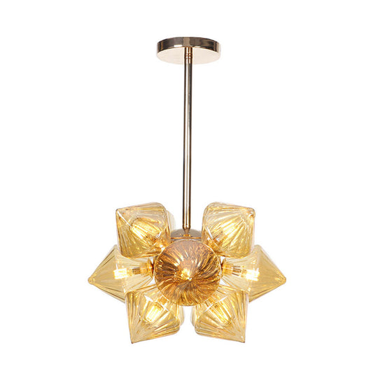 Vintage Copper Prism Semi-Mount Ceiling Light Fixture with Clear/Amber Glass - 9/12 Lights for Living Room