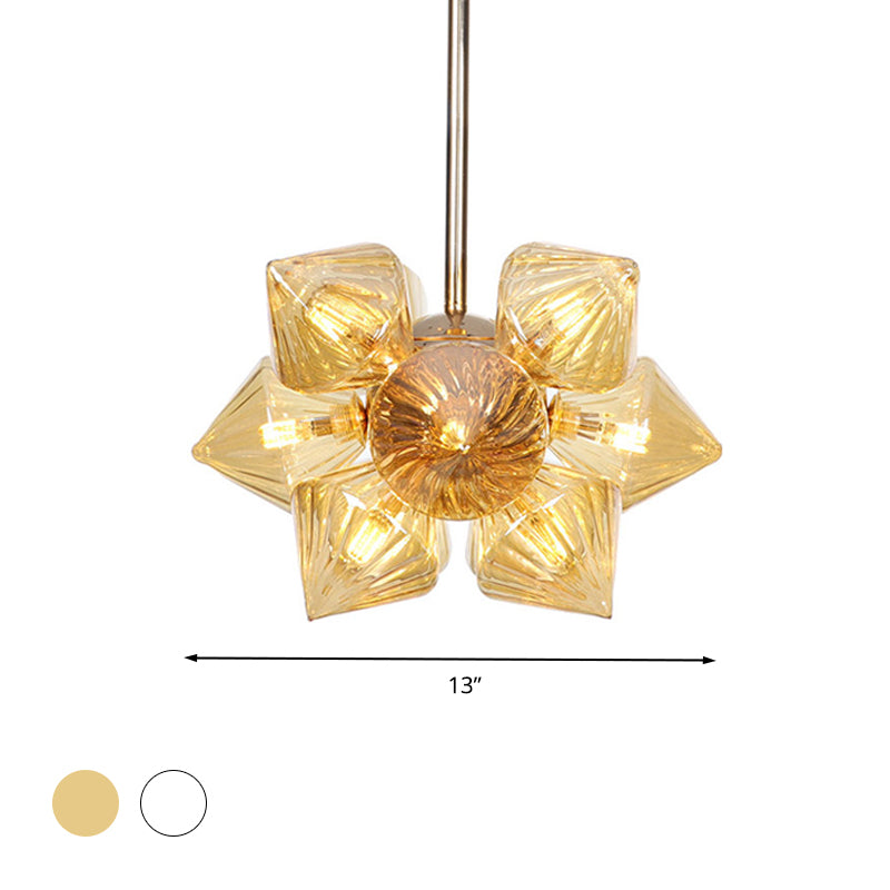 Vintage Copper Prism Semi-Mount Ceiling Light Fixture with Clear/Amber Glass - 9/12 Lights for Living Room