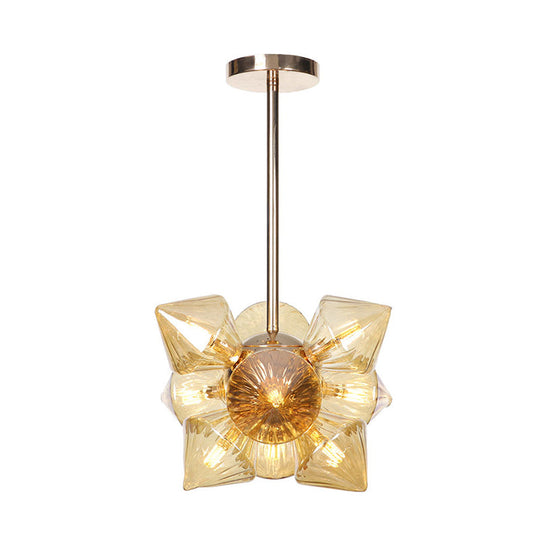 Vintage Copper Prism Semi-Mount Ceiling Light Fixture with Clear/Amber Glass - 9/12 Lights for Living Room