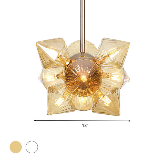 Vintage Copper Prism Semi-Mount Ceiling Light Fixture with Clear/Amber Glass - 9/12 Lights for Living Room