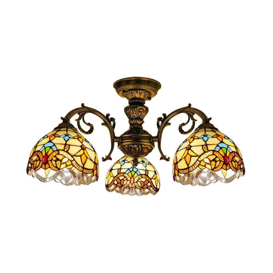 Baroque Semi Flush Ceiling Light in Aged Brass with Stained Glass Dome Shade