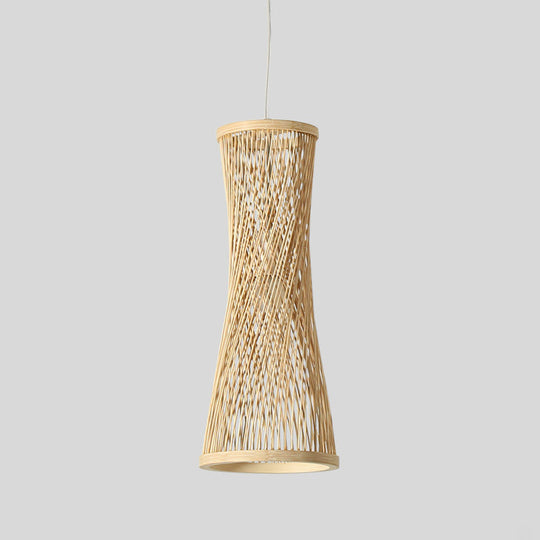 Bamboo Curved Pendant Light - 1 Light Beige Fixture for Dining Room