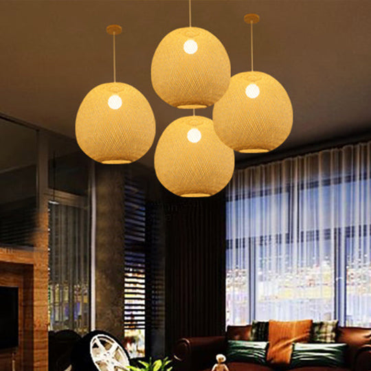 Modern Bamboo 1-Light Ball Ceiling Lamp in Beige - 14"/18"/21.5" Wide