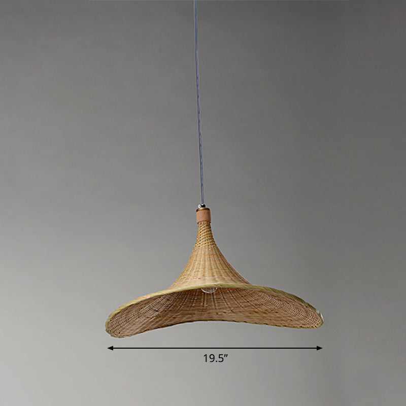 Contemporary Bamboo Pendant Lamp - Hat Shape 1 Light Beige 16/19.5 W