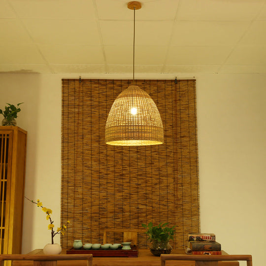 Modern Beige Bamboo Pendant Lamp With Domed Shape And 1 Light