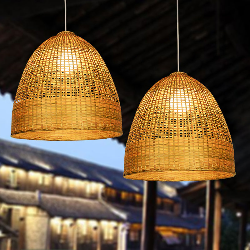 Modern Beige Bamboo Pendant Ceiling Lamp - Domed Shape, 1-Light