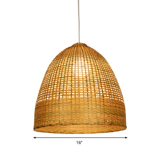 Modern Beige Bamboo Pendant Lamp With Domed Shape And 1 Light