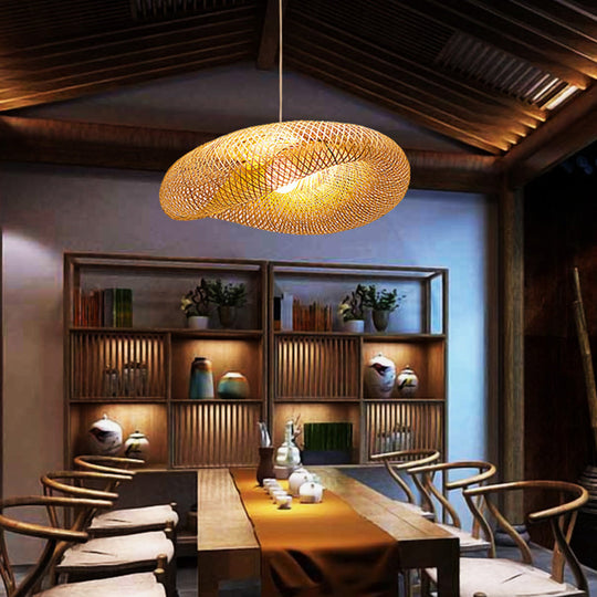 Contemporary Bamboo Pendant Lighting - 1 Light Hanging Lamp In Beige 16/19.5/23.5 Width / 16