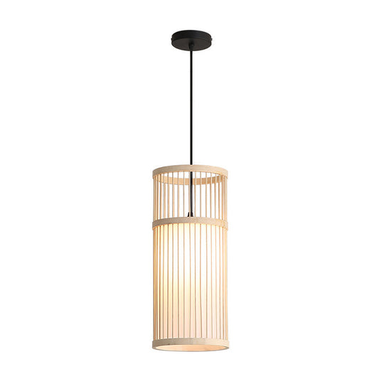 Bamboo Cylinder Pendant Light - Modern Style, Beige/Coffee, 1-Light Suspension Lamp