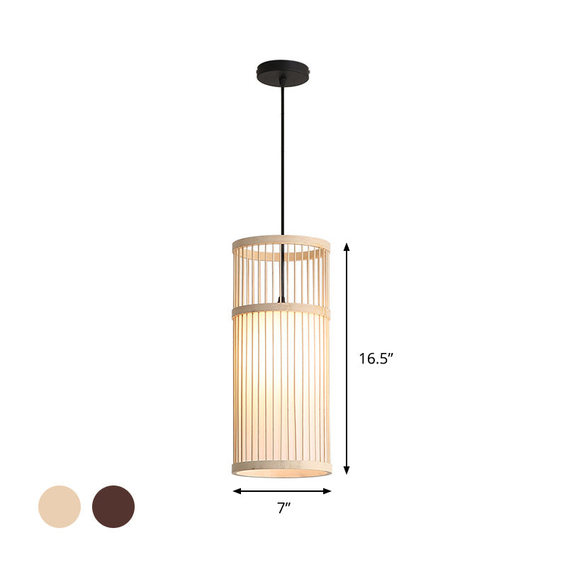 Bamboo Cylinder Pendant Light - Modern Style, Beige/Coffee, 1-Light Suspension Lamp