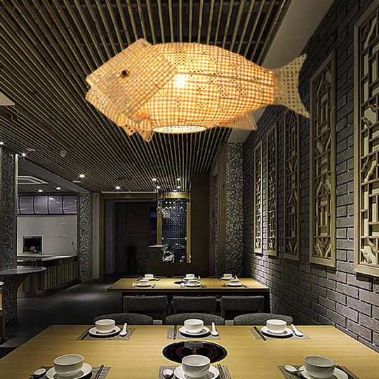 Modern Beige Fish-Shaped Bamboo Pendant Ceiling Light for Restaurants