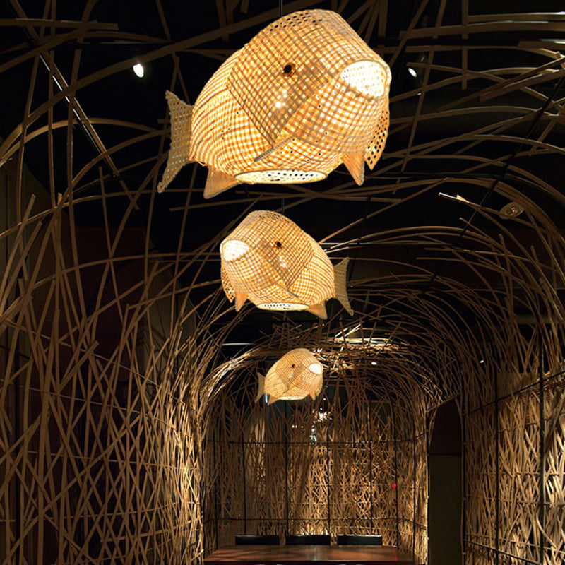 Modern Beige Fish-Shaped Bamboo Pendant Ceiling Light for Restaurants