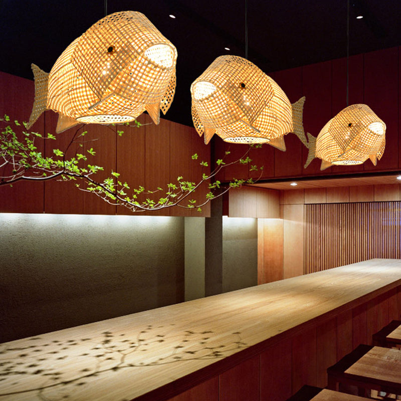 Modern Beige Fish-Shaped Bamboo Pendant Ceiling Light for Restaurants