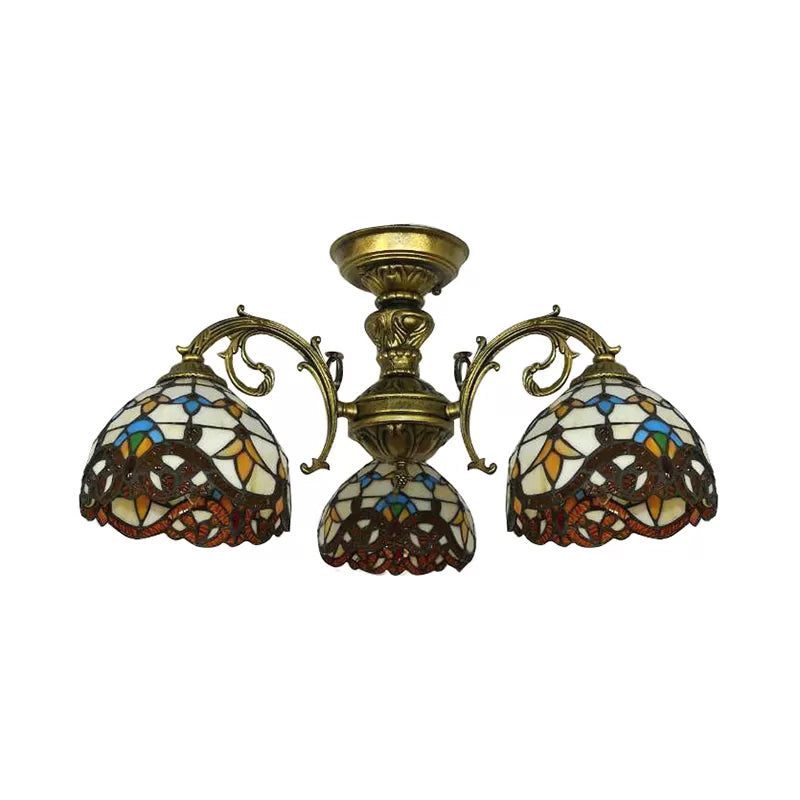 Baroque Semi Flush Ceiling Light in Aged Brass with Stained Glass Dome Shade