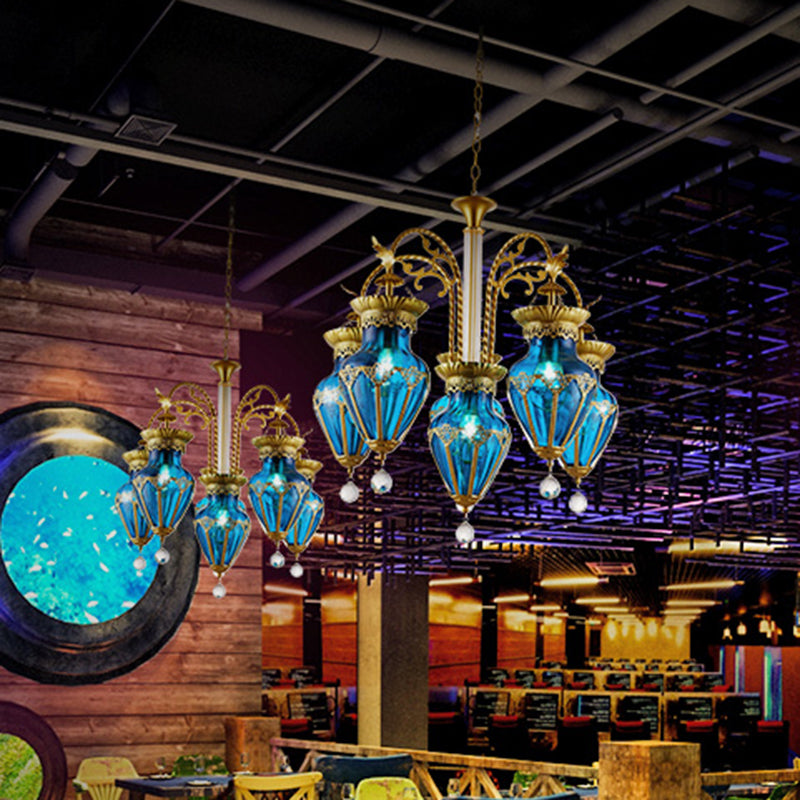 Restaurant Brass Chandelier With Curved Arms 6 Multicolored Glass Suspension Pendants Blue